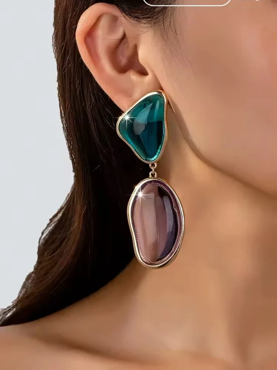 Gold-Tone Drop Earrings with Teal and Lavender Stones - Picture 4 of 5